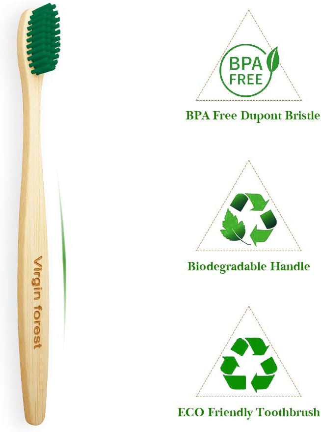 Virgin Forest Bamboo Toothbrush, Biodegradable Toothbrush, Eco Friendly Natural Wooden Toothbrushes, Vegan Organic Bamboo Charcoal Tooth Brush for Sensitive Gums Medium Bristle Set of 8 Color