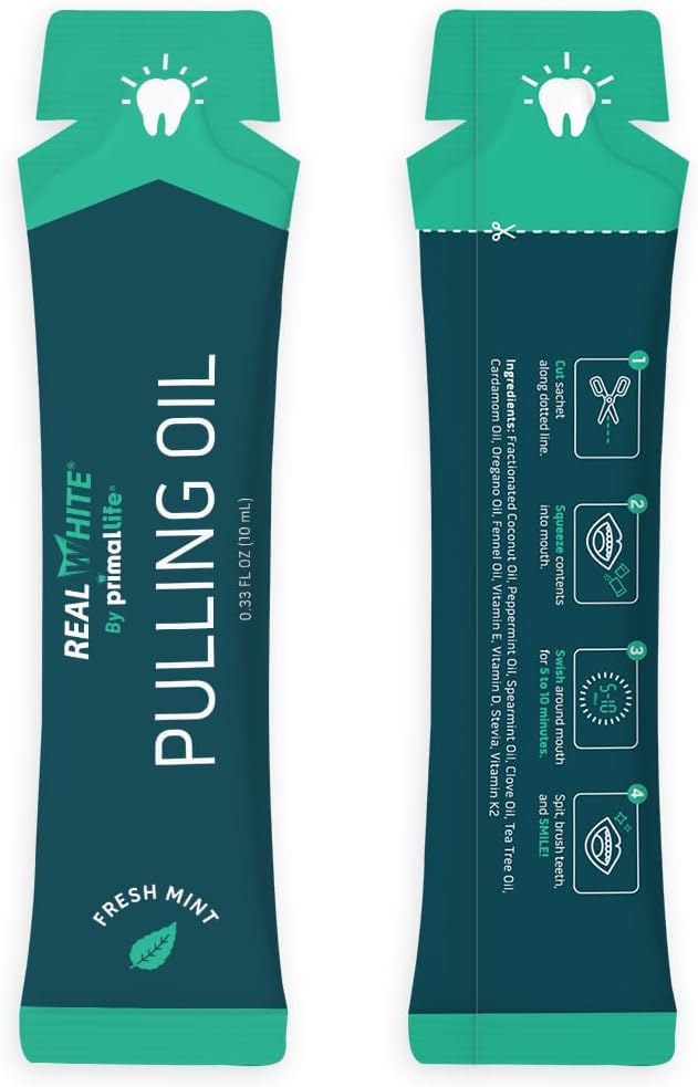 Primal Life Organics – Real White Pulling Oil, Teeth Whitening Mouthwash with Essential Oils, Coconut, Tea Tree, Key Vitamins, Chemical Free, Fluoride Free, 14 Sachets (Fresh Mint, 0.33 oz.)
