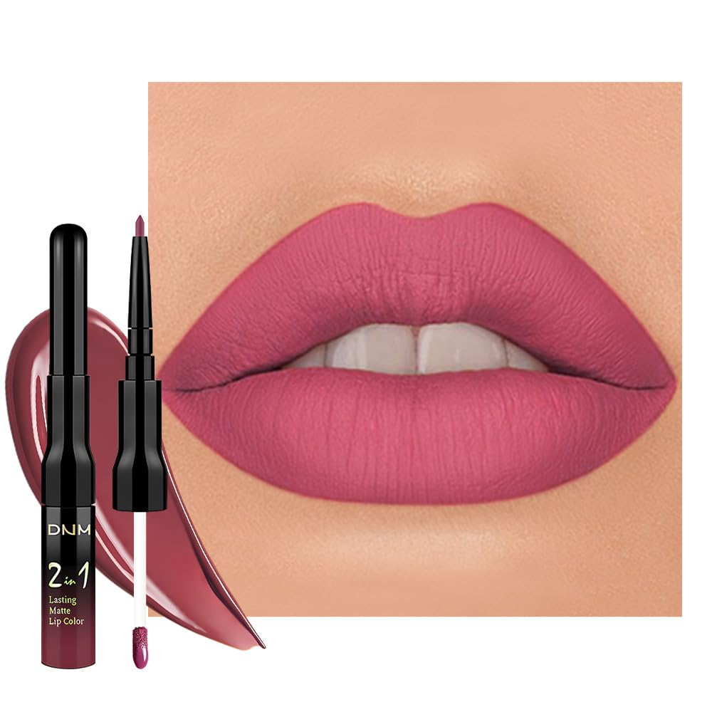 1Pcs 2 in 1 Hot Mauve Matte Lip Liner and Liquid Lipstick Stain Makeup Set for women, Hot Mauve Long Lasting Smudge Proof Lip Tint Matte Finish Lip Gloss for All-Day Color Hold Easy to Use 63#