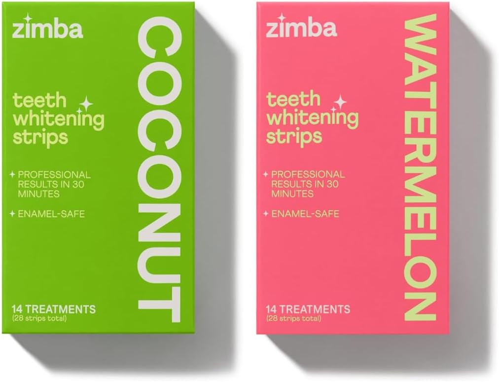 Zimba Teeth Whitening Strips for Teeth Sensitive, White Strips for Teeth Whitening, Teeth Whitener Stain Remover 28 White Strips Included Per Pack, 2 Pack (14 Day Treatment), Coconut and Watermelon