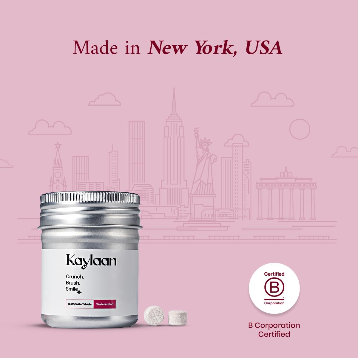 Kalyaan Kids Toothpaste Tablets with Fluoride | Whitening, Sensitivity Relief & Cavity Protection | Chewable, Plastic-Free, Travel-Friendly - Watermelon, 90 Count, Made in USA