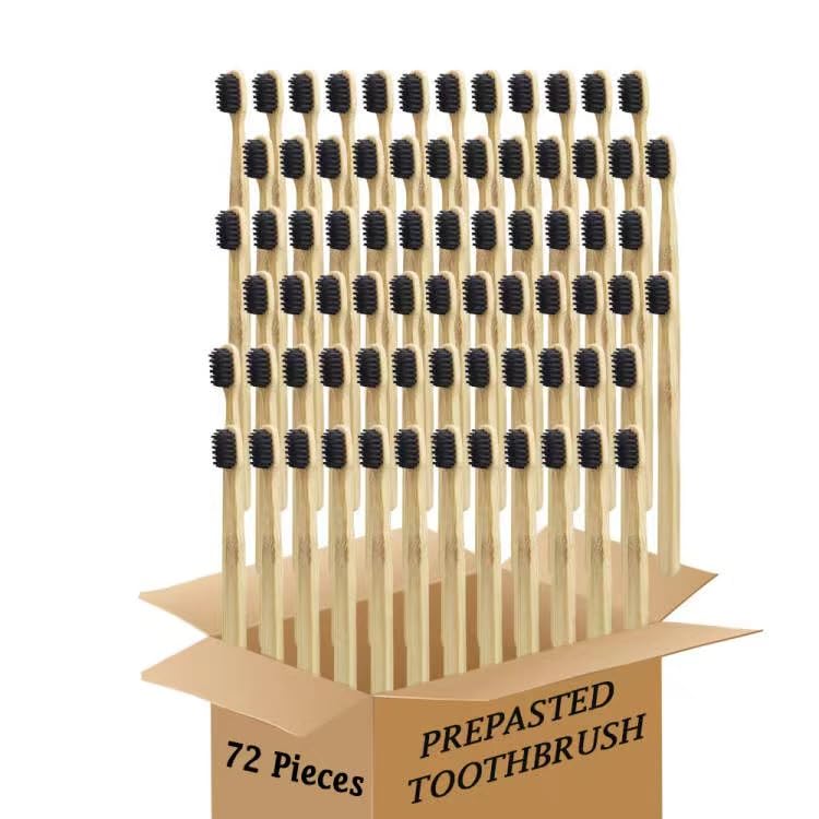 Bamboo Toothbrush Prepasted Disposable Toothbrsuh Soft Bristles Prepasted Toothbrush,Disposable Toothbrsuh (72 Black)