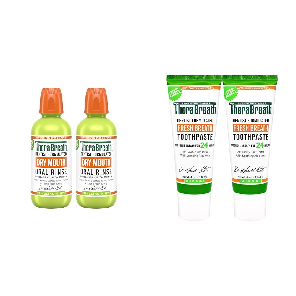 TheraBreath Dry Mouth Oral Rinse, Tingling Mint, Dentist Formulated, 16 Fl Oz (2-Pack) & Fresh Breath Dentist Formulated 24-Hour Toothpaste, Mild Mint, 4 Ounce (Pack of 2)