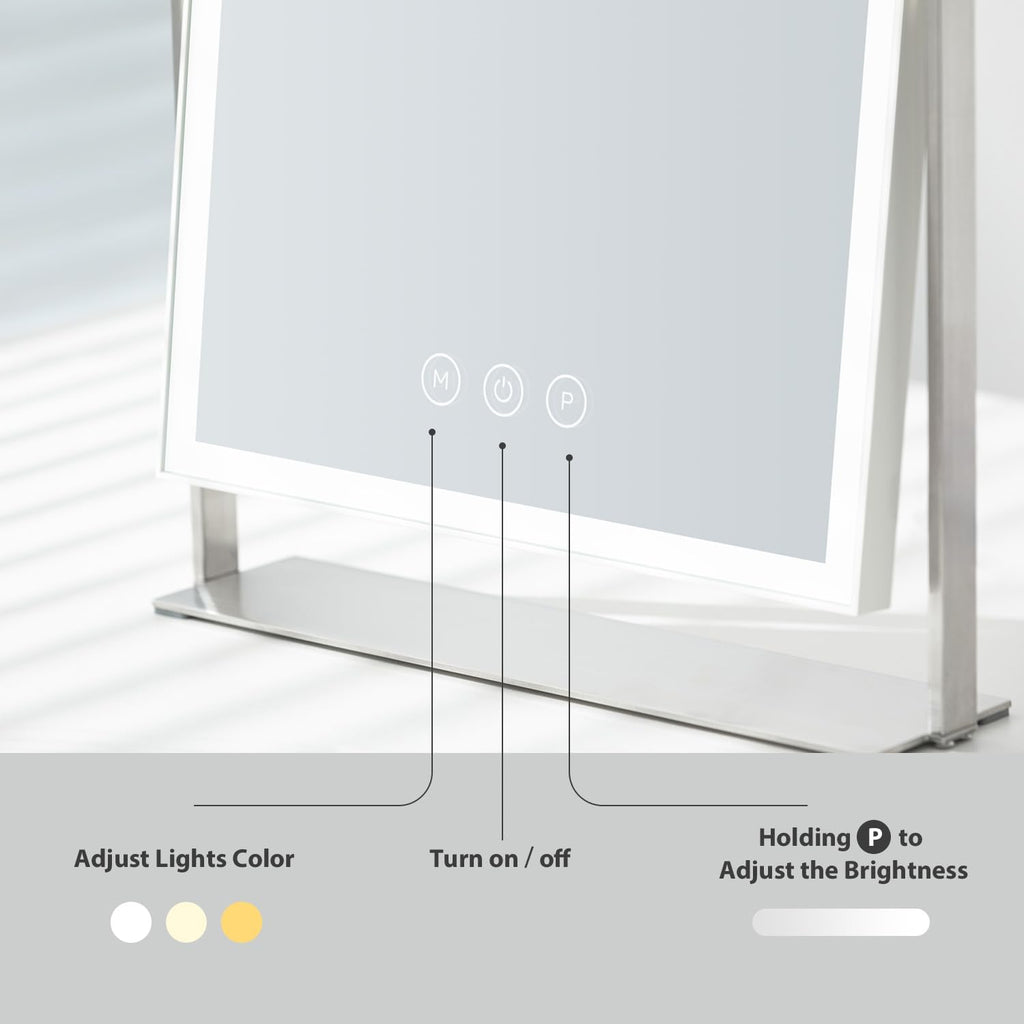 Rechargeable Vanity Mirror with Lights, Table Mirror with Stand, Makeup Mirror with 3 Colors and Brightness Adjustable, 3000mAh Battery, 14×10 Inch