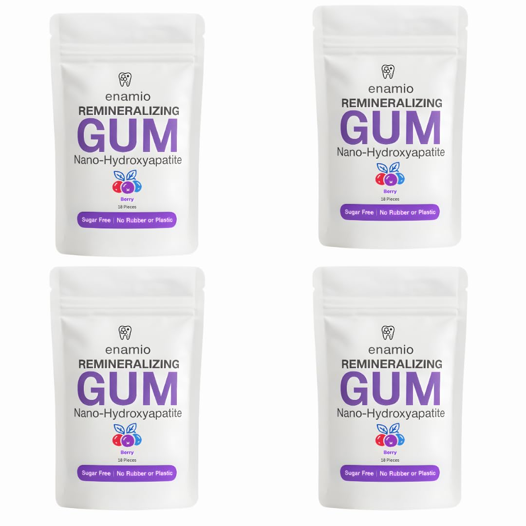 Enamio Berry Remineralizing Gum with Nano Hydroxyapatite for Enamel Support & Sensitive Teeth - Xylitol Gum, Plastic Free, Sugar Free, Natural Oral Care - No Aspartame- Made in USA - 4 Pack