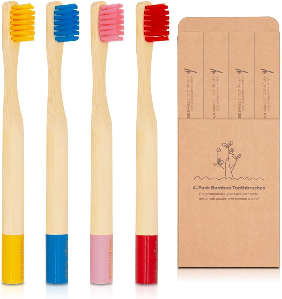 Virgin Forest Kids Bamboo Toothbrushes, Child Size Soft BPA Free Colored Safe Bristles (4 Pack)