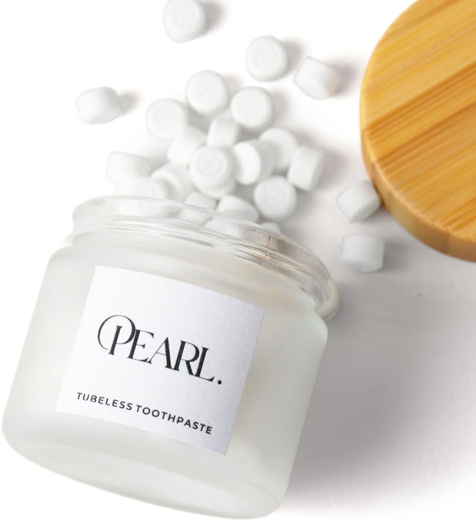 Starter Kit: The Pearl Jar & Fluoride Mint Toothpaste Tablets | Dentist Developed | Natural Whitening | TSA Approved | Reusable Packaging (Jar + 62 Tablets)