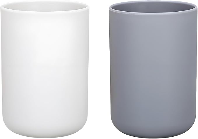 2 Pieces Plastic Bathroom Tumbler Cup Toothbrush Holder Organizer Tumbler Cups for Bathroom Vanity,300ml(White & Grey)