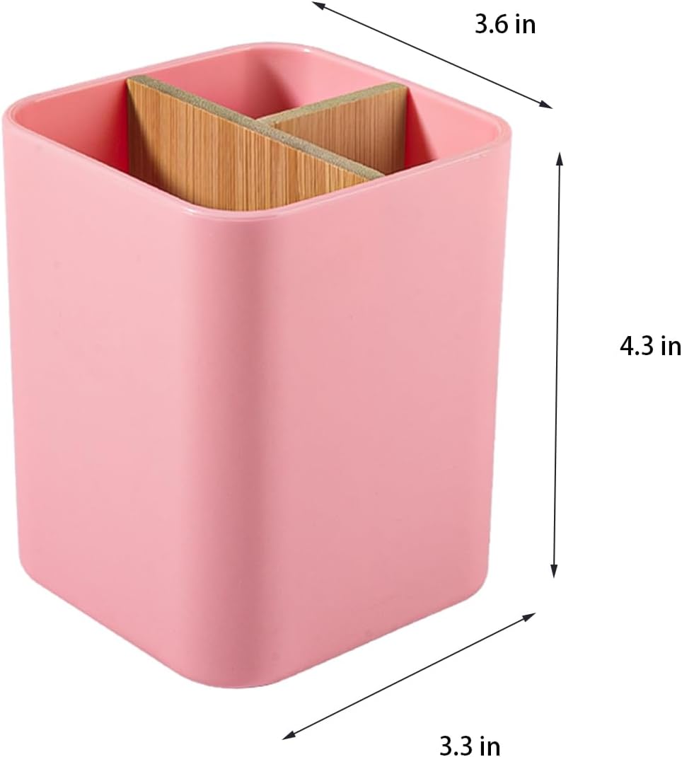 Bamboo Toothbrush Holder for Bathrooms, 3 Slots Toothbrush and Toothpaste Holder Bathroom Counter Organizer for Electric Toothbrushes, Floss, Razors - Pink