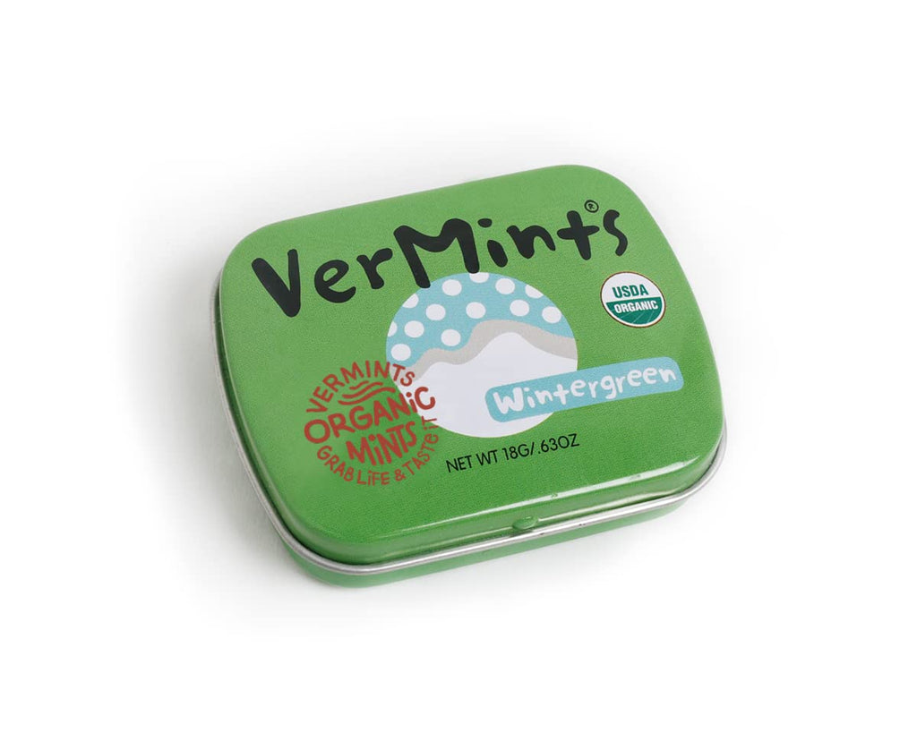 VerMints Organic Breath Mints Wintergreen - Real Long-Lasting Refreshment, Travel Size Tin - Non-GMO, Vegan, Nut Free, Gluten Free & Kosher Organic Candy Mints- .63oz/18g Tins (Pack of 12)