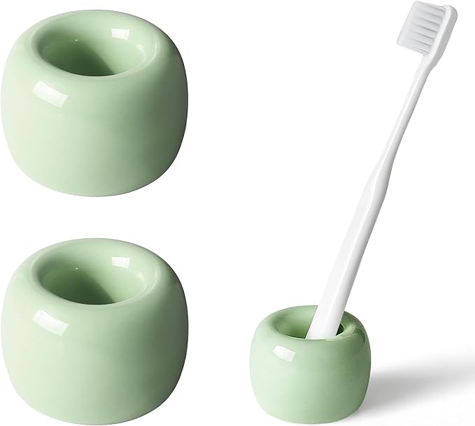AirMoon Mini Ceramic Toothbrush Holder for Bathroom - Light Green Small Countertop Organizer, Easy Clean Toothbrush Stand, Suit for Electric Toothbrush Head, Pens & Coffee Spoon, Pack of 2