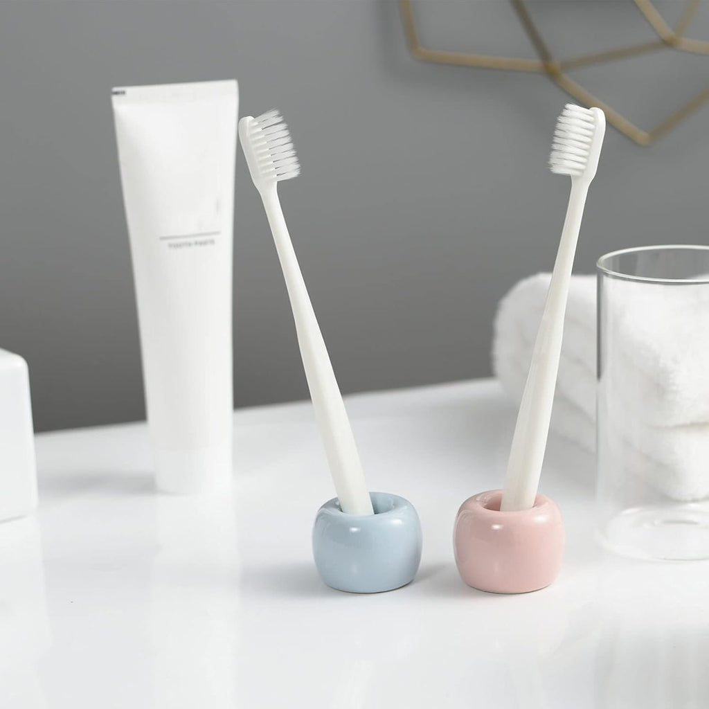 Mini Ceramic Couple Toothbrush Holder, Hand-Made Bathroom Toothbrush Holder, Electric Toothbrush Head Holder and Office Pen Holder 2-Piece Set (Pink)