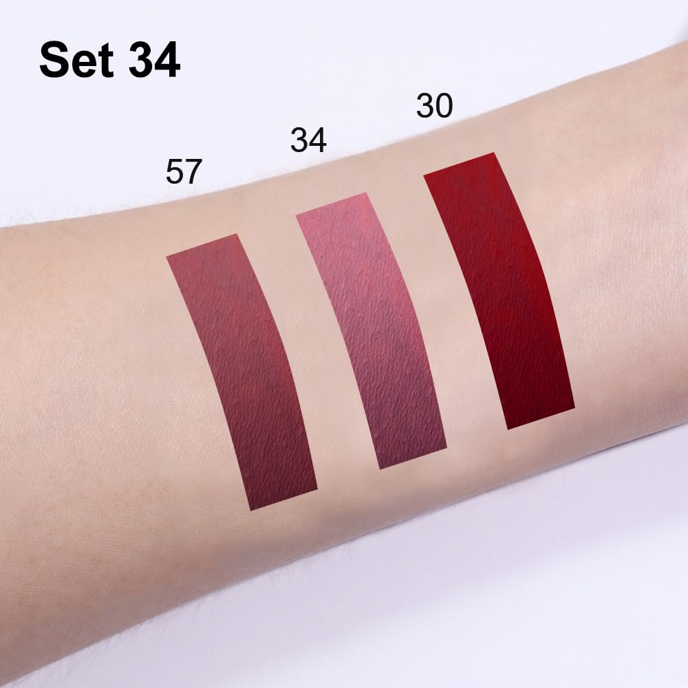 3Pcs 2 in 1 Dark Red Nuetral Mauve Red Brown Matte Lip Liner and Liquid Lipstick Stain Makeup Set for women, Long Lasting Smudge Proof Lip Tint Matte Finish Lip Gloss for All-Day Color Hold Set34