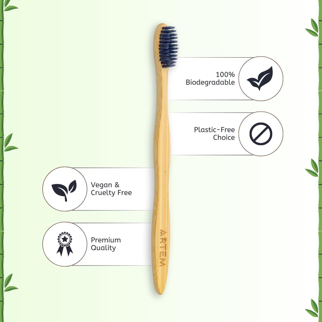 ARTEM Bamboo Toothbrush with Soft Bristles – Eco-Friendly, Biodegradable & Compostable – Natural Wooden Toothbrush for Adults & Kids – Plastic-Free Oral Care (Pack of 5)