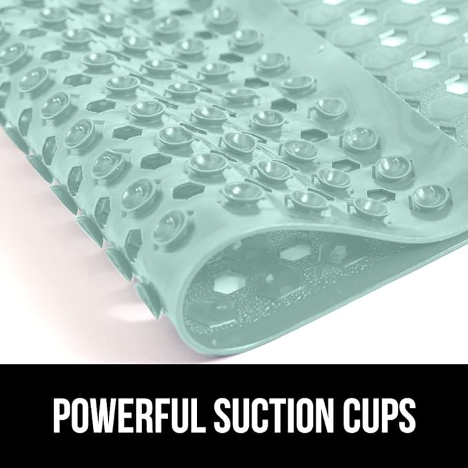 GORILLA GRIP Patented Bath Tub Shower Mat, Machine Washable Bathtub Floor Liner Mats, Suction Cups and Drain Holes to Keep Tubs Clean, Soft on Feet, Bathroom Essentials, 35x16 Inch, Mint Opaque