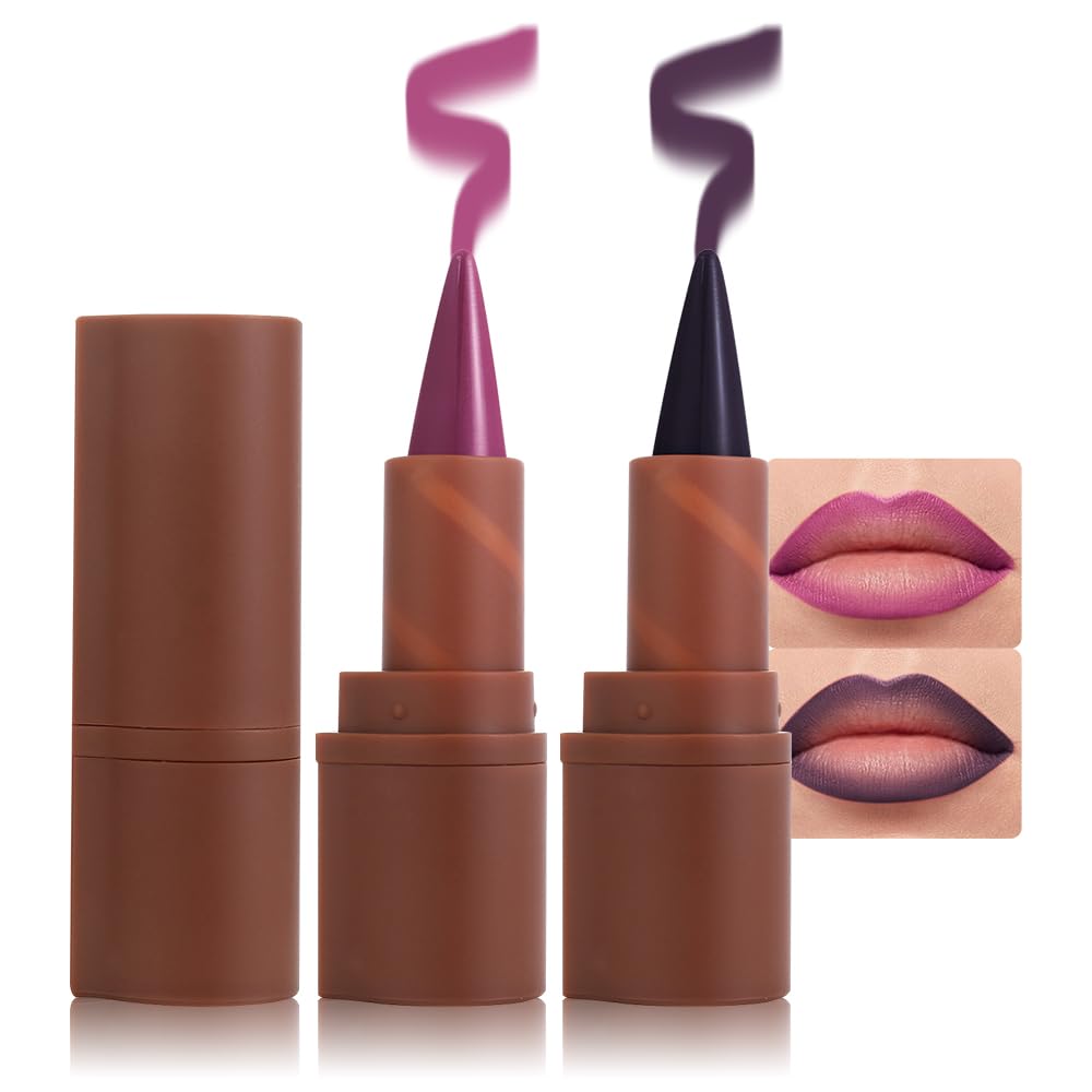 2in1 Gradient Lip Liner & Lipstick Combo,Matte Longwear Waterproof Lip Pencil with Cone Tip,Smudge Proof Crayon for Flawless Ombre Contour,Women's Long Lasting Makeup Set(07Lilac Dream+08Violet Noir)