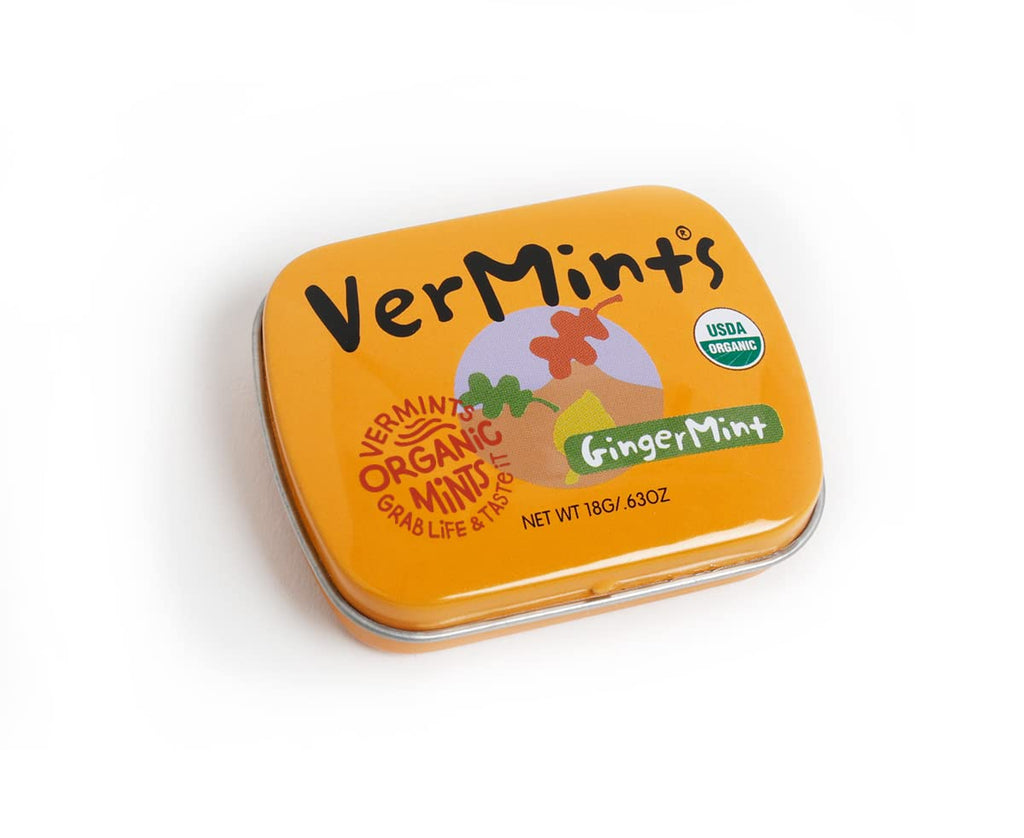 VerMints Organic Breath Mints GingerMint - Real Ginger Flavored Candies - Travel Size Tin - Non-GMO, Nut Free, Gluten Free, Vegan, Kosher & Organic Candy Mints - .63oz/18g (Pack of 12)