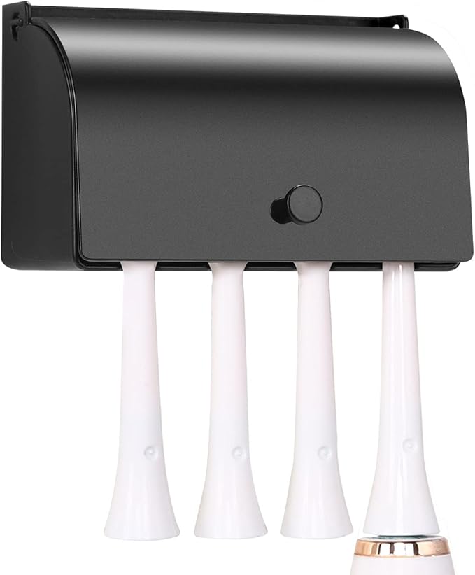 4-Slot Stainless Steel Toothbrush Holder with Cover - Wall Mounted, Dustproof, Self-Adhesive, Rustproof Bathroom Organizer for Toothbrush Storage (Black)