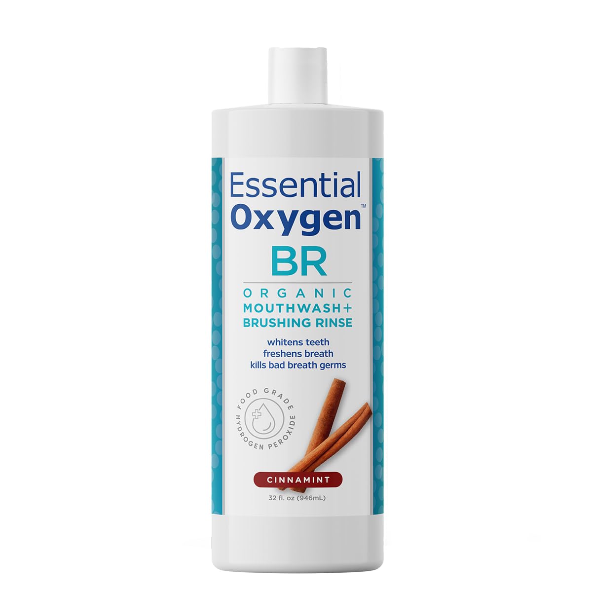 Essential Oxygen, BR Organic Brushing Rinse and Mouthwash, Cinnamint, 32 fl oz, for Whiter Teeth, Fresher Breath and Happier Gums, Alcohol-Free Oral Care (Pack of 1)