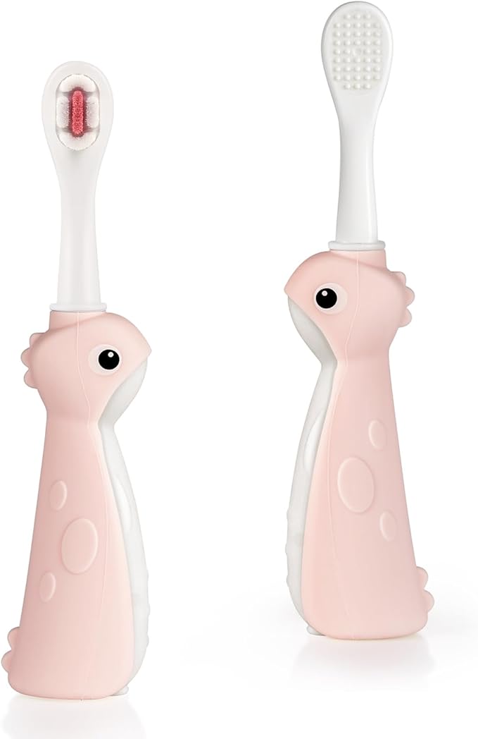 haakaa Dinosaur Toothbrush for Kids 2-4 – Soft Bristles Baby Toothbrush with Silicone Handle, Non-Slip Grip & Tongue Cleaner | BPA-Free, Fun Training for Toddlers - Pink, 2 Counts