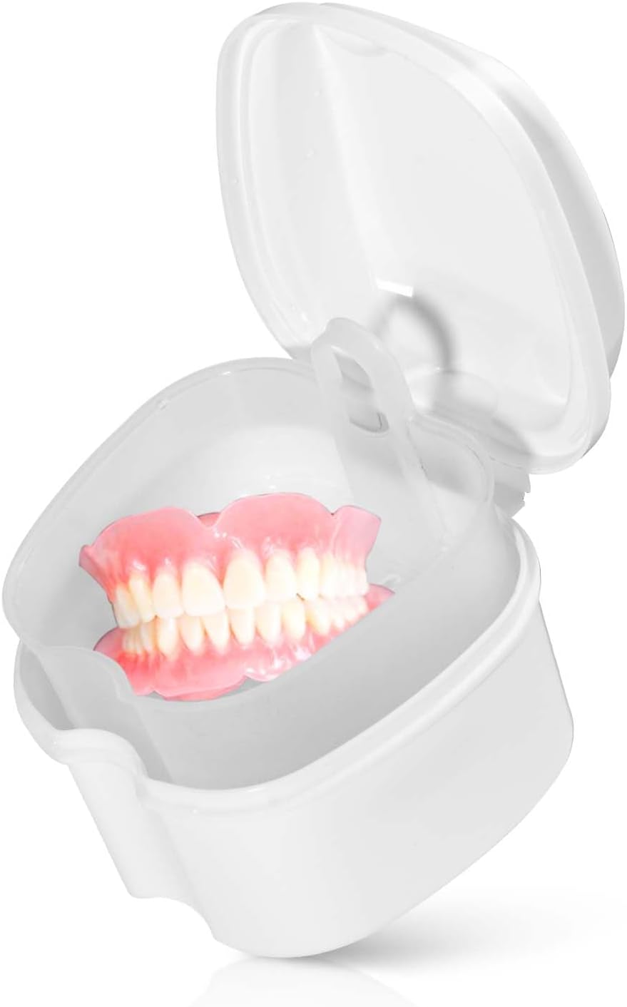 White Denture Bath Case Cup Box Holder Storage Soak Container with Strainer Basket for Travel Cleaning