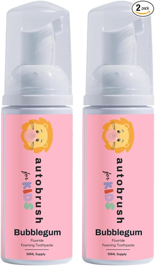 autobrush Fluoride Foaming Toothpaste for Kids, Bubblegum Flavor, Whitening & Deep Cleaning, Travel Friendly, Anti-Cavity (Pack of 2)
