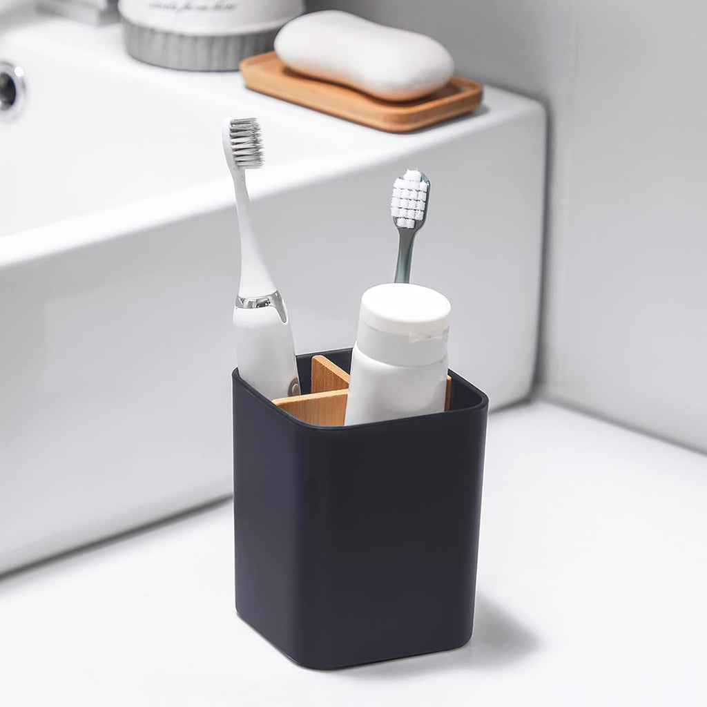 Bamboo Toothbrush Holder for Bathrooms, 3 Slots Toothbrush and Toothpaste Holder Bathroom Counter Organizer for Electric Toothbrushes, Floss, Razors - Cool Grey