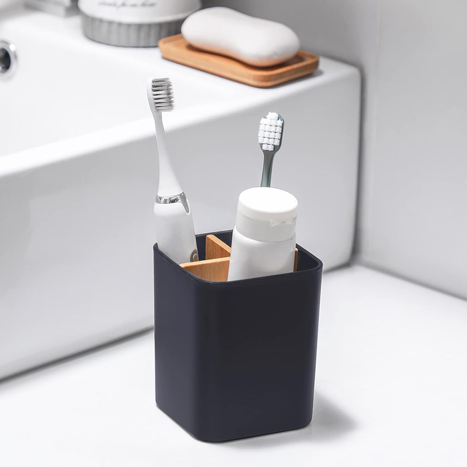 Bamboo Toothbrush Holder for Bathrooms, 3 Slots Toothbrush and Toothpaste Holder Bathroom Counter Organizer for Electric Toothbrushes, Floss, Razors - Cool Grey
