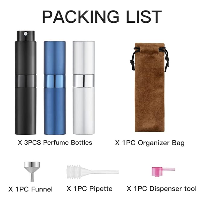 LISAPACK 8ML Atomizer Perfume Spray Bottle for Travel (3 PCS) Empty Cologne Dispenser, Portable Sprayer (Black, Silver, Blue)