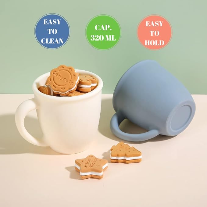 2 Pack Silicone Training Cups for Baby and Kids, Toddler Learning Cups with Handles, BPA Free, Microwave and Dishwasher (White & Grey Blue)