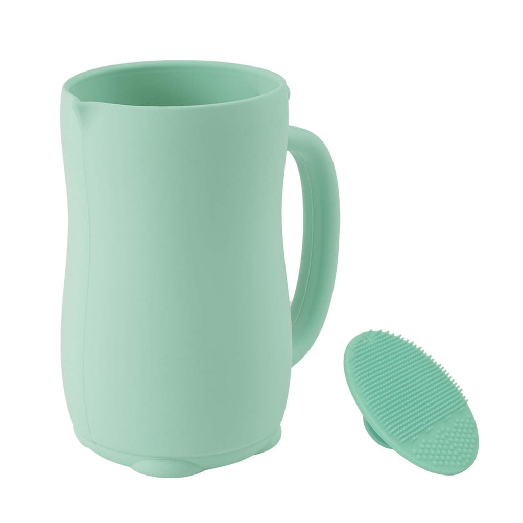 mandoo Baby Bath Rinse Cup - Food Grade Silicone - Shampoo & Body Washing Rinser Cup for Kids with Easy Grip Handle to Rinse Baby Shampoo and Soap - Baby Essentials (Mint+Brush)