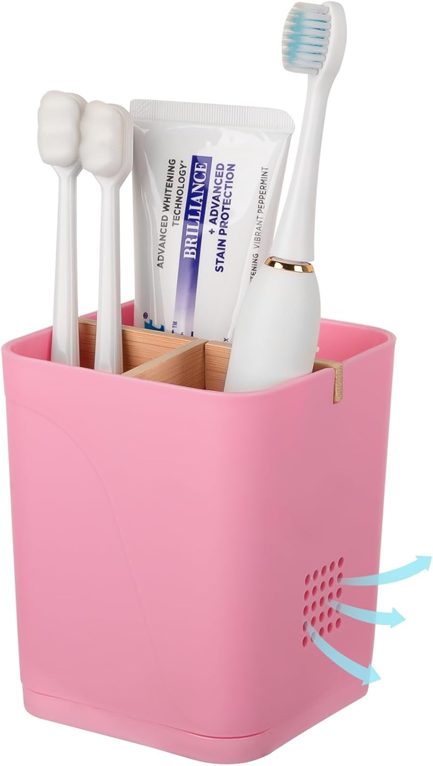 Electric Toothbrush Holder 3 Slots Tooth Brushing Holder with Bamboo Dividers for Bathrooms, Plastic Toothbrush and Toothpaste Organizer for Shower, Countertop, Vanity, Pink