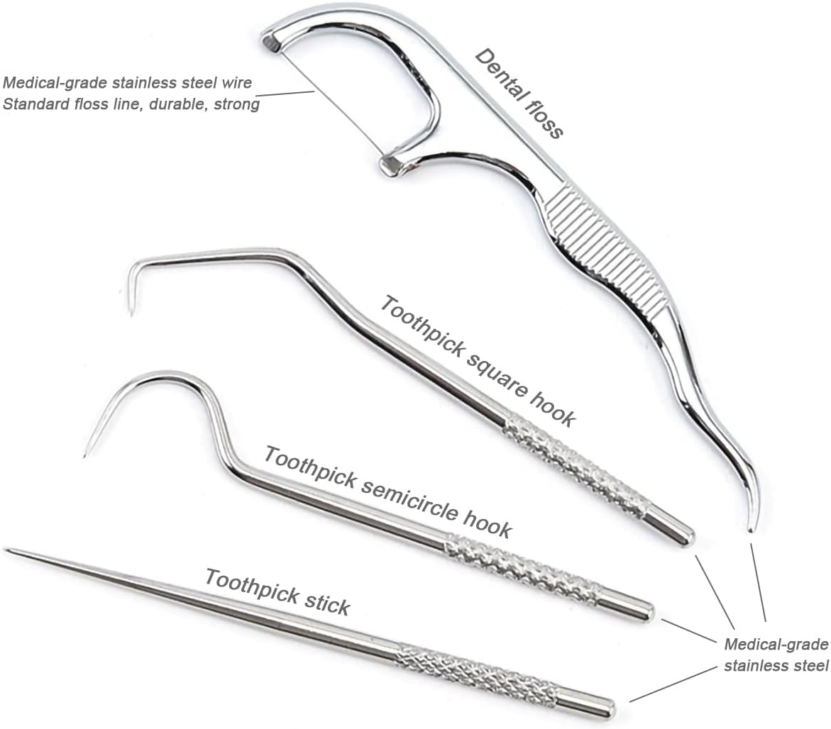 Toothpicks Pocket Set, Dental Floss Picks Kit Reusable, Stainless Steel Teeth Cleaning Tools, Tooth Picker Oral Hygiene Travel (2 Set)