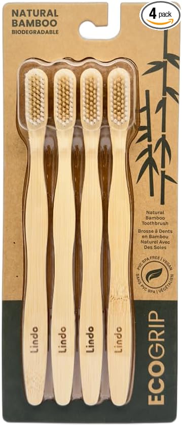 Lindo EcoGrip Bamboo Toothbrush - Soft German Made Fiber Bristles, Organic and Recyclable (Neutral)