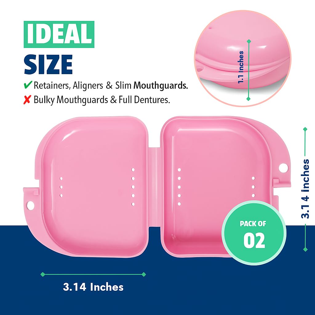 Pink Retainer Case - Pack of 2 - Odorless Mouth Guard Case - Retainer Holder - Ventilated, Durable & Hygienic Cases for Travel, Carrying and Protecting Braces, Partial Dentures & Aligners