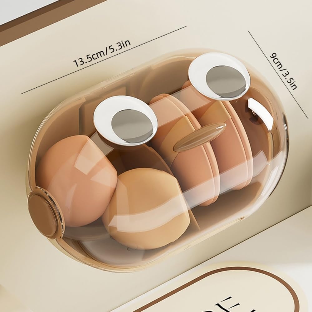 Wall-Mounted Makeup Sponge Holder Beauty Blender Holder Small Hair Accessories Organizer Drying Storage Box for Bathroom Countertop with Cute Big Eyes and Lid, 2 Compartments(1 PC,Brown)