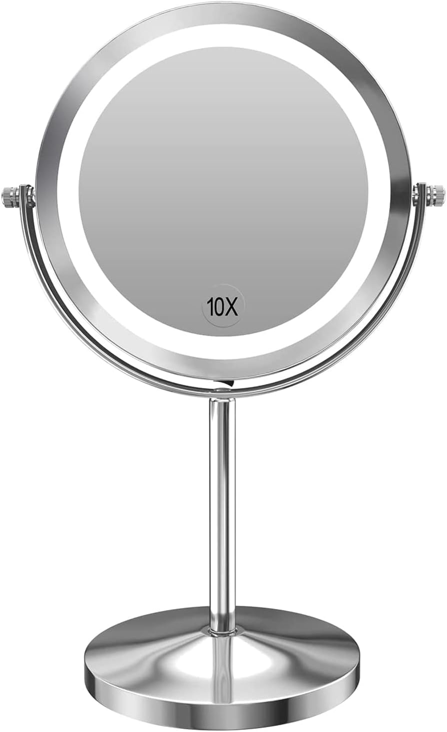 1X/10x Magnified Lighted Makeup Mirror Double Sided Round Magnifying Mirror Standing 360 Degree Swivel Vanity Mirror Battery Operated 7 Inch Diameter Shaving Bathroom Mirror