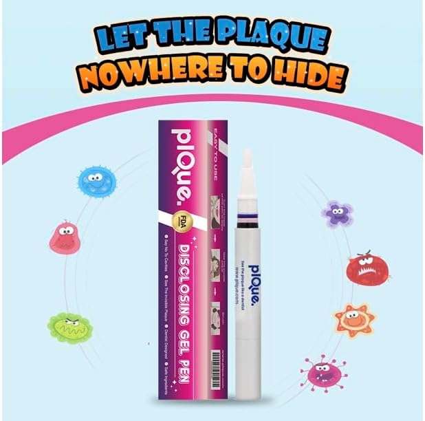PLQUE Disclosing Gel Pen (90 Uses) - Tooth Plaque Detector for Better Brushing, Purple Stain Formula Reveals Invisible Cavity Causing Plaque, Kids and Adults Oral Care Tool, Pediatric Dentist Design