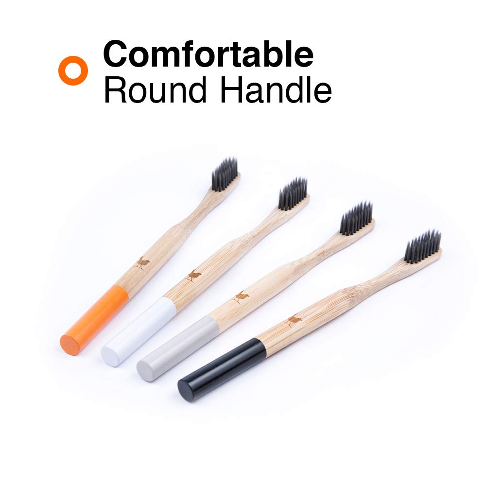 Bamboo Toothbrush with Soft Charcoal Infused Bristles, New Set of 4 Eco Friendly Toothbrushes, BPA Free and Tongue Scraper