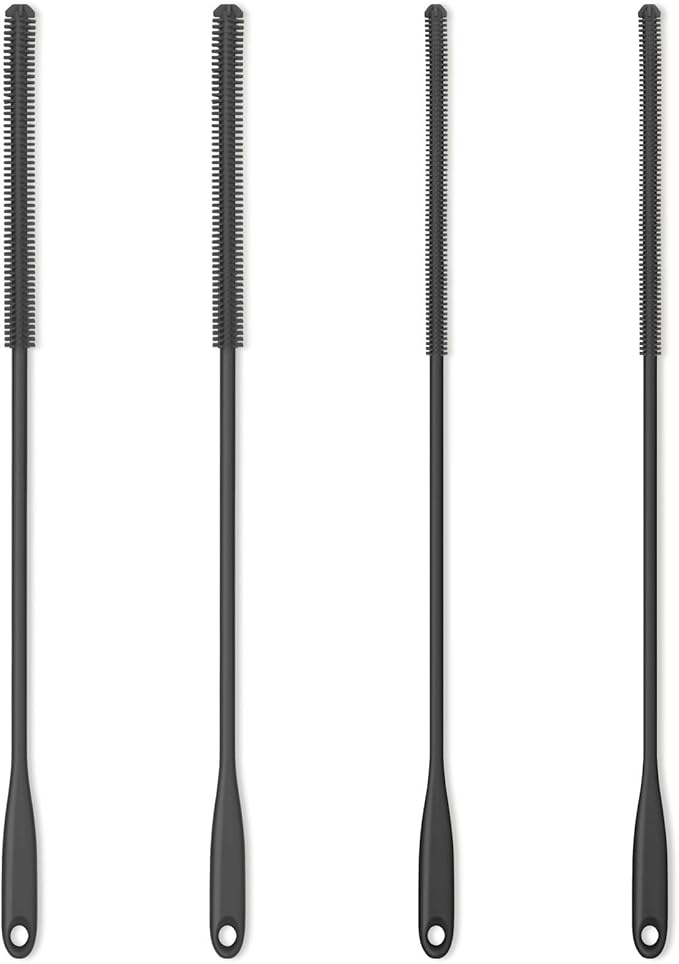 Silicone Straw Brush 4 Pack - (2 Small, 2 Wide) - 10 Inch Reusable Straw Cleaner, Pipe Cleaner, Glass and Detailing Tool (Charcoal)