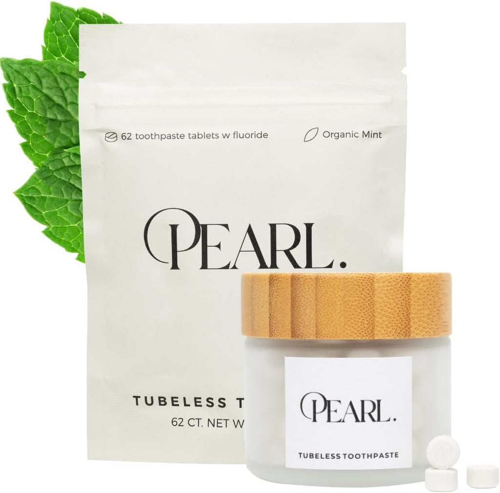 Starter Kit: The Pearl Jar & Fluoride Mint Toothpaste Tablets | Dentist Developed | Natural Whitening | TSA Approved | Reusable Packaging (Jar + 62 Tablets)