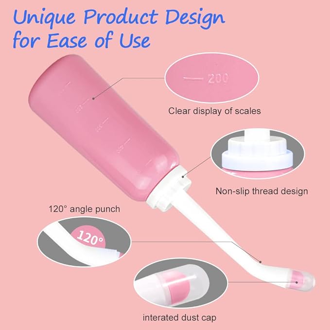 Handheld Personal Bidet Bottle, Bottle for Gentle Postpartum Care and Cleansing, Feminine Care， Personal Perineum Cleansing, 500Ml Portable Bidet Travel Bidet（Pink）, Resistant to 100ºC,Bonus Bag