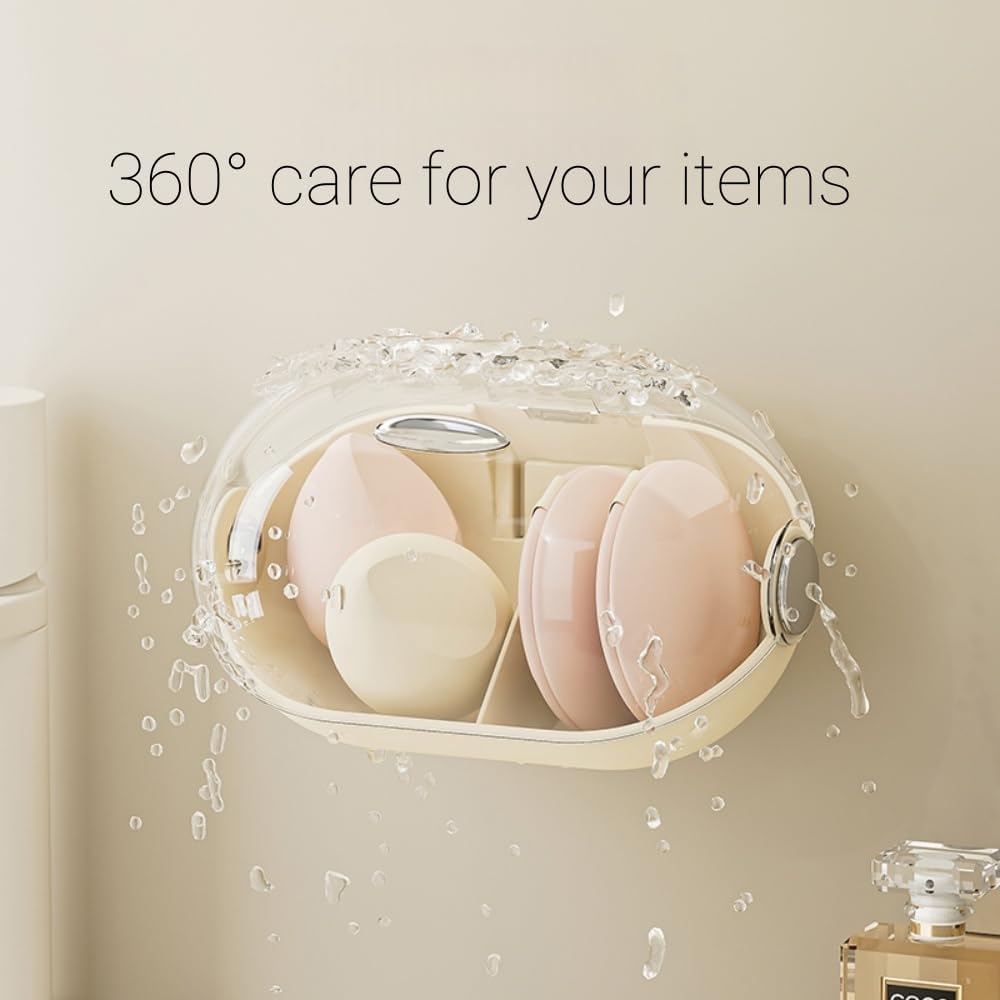 Wall-Mounted Makeup Sponge Holder Beauty Blender Holder Small Hair Accessories Organizer Drying Storage Box for Bathroom Countertop with Cute Big Eyes and Lid, 2 Compartments(1 PC,whiter)