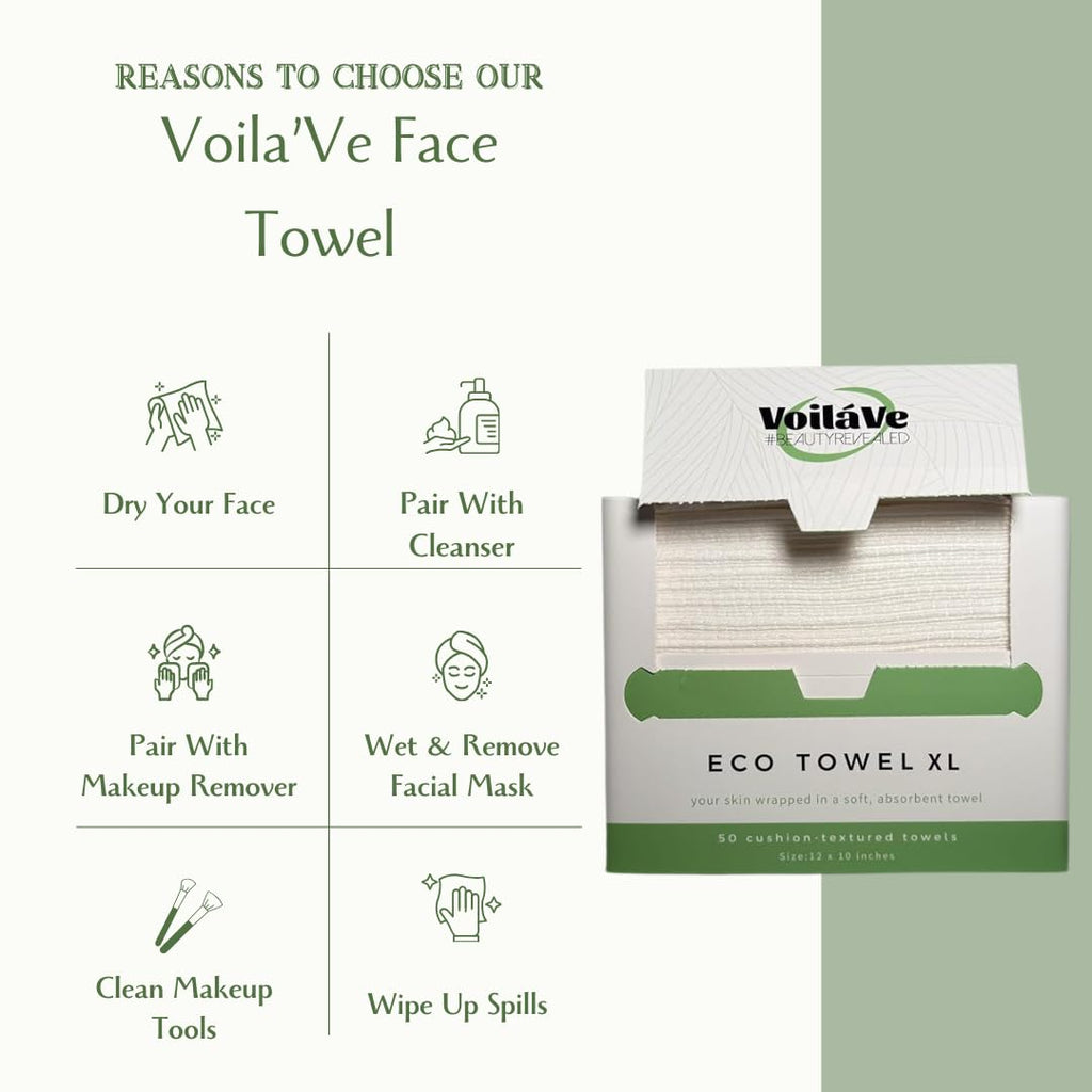 VoilaVe Disposable Face Towels -100% Cotton Biodegradable Makeup Remover Dry Wipes, Ultra Soft Lint Free Facial Cloth | Clinically Tested Eco-Friendly Towelettes For Sensitive Skin - XL 10 x 12"- 50 C