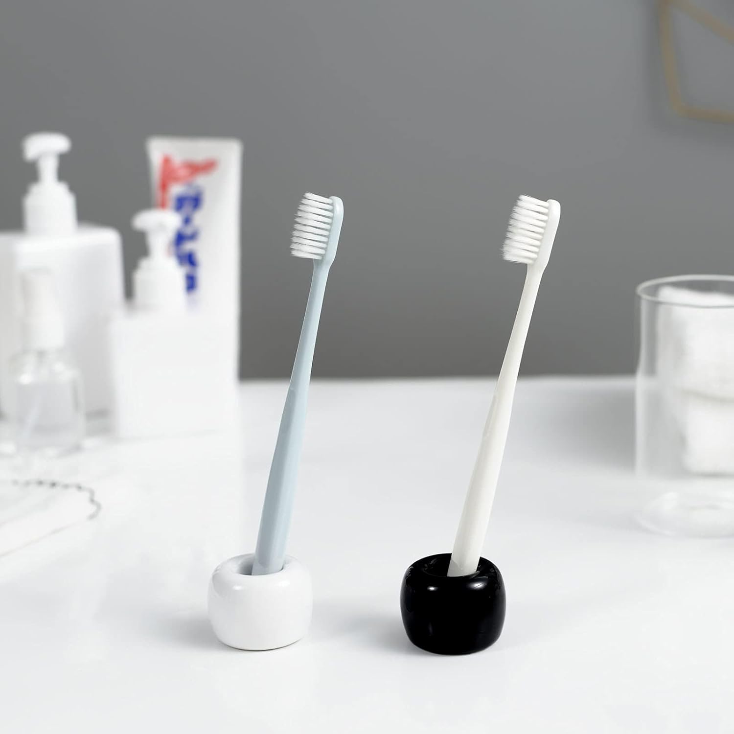 Mini Ceramics Toothbrush Holder Stand for Bathroom Vanity Countertop, Handmade Couple Toothbrush Head Holder, Shaver Holder and Office Pen Holder, Black&White, Pack of 2