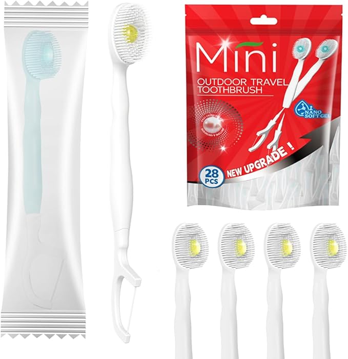28 Packs Mini Brushes-Disposable Toothbrushes with Toothpaste Tongue Scraper Floss Pick Travel Toothbrush Individually Wrapped Sof for Work or Travel (Lemon)