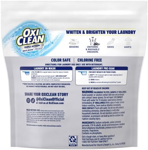 OxiClean Triple Action White Revive Laundry Whitener and Stain Remover Powder, Use with Detergent, Whitens and Brightens Clothes, Removes Tough Stains, Color Safe, Chlorine Free, 4 lbs