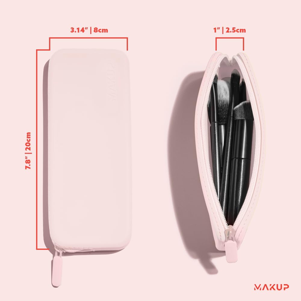 MAKUP Silicone Makeup Bag, Makeup Brush Holder with Zipper for Organizing Cosmetics, Makeup Brushes, Tools and Pencils, Washable Makeup Brush Holder Pouch for Travel (Pink Sand)