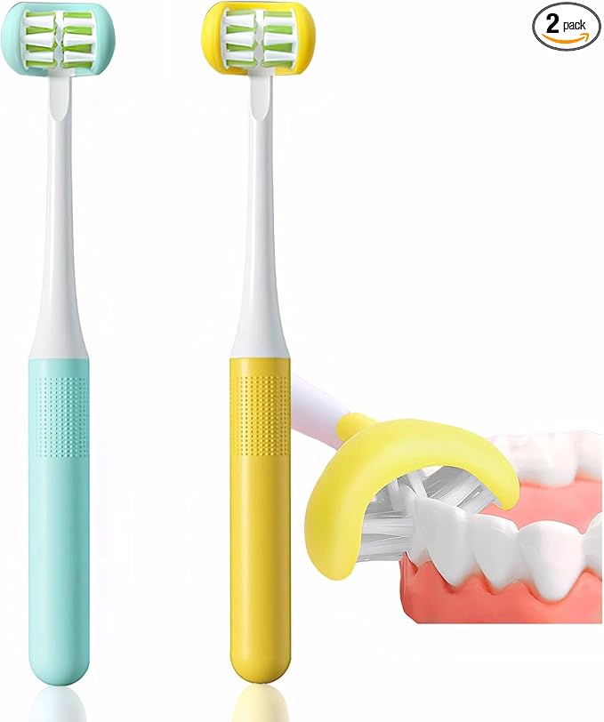 2 Pieces 3 Sided Toddler Toothbrush, Three Bristles for Kids Toothbrush, Autism Soft Bristles,Soft and Gentle for Complete Tooth and Gum Care(C1（Blue+Yellow） Kids)