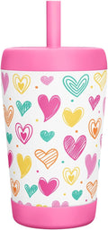 Kid Insulated Stainless Steel Tumbler with Silicone Straw, 12oz Sippy Cup for Kids (Playful Hearts)